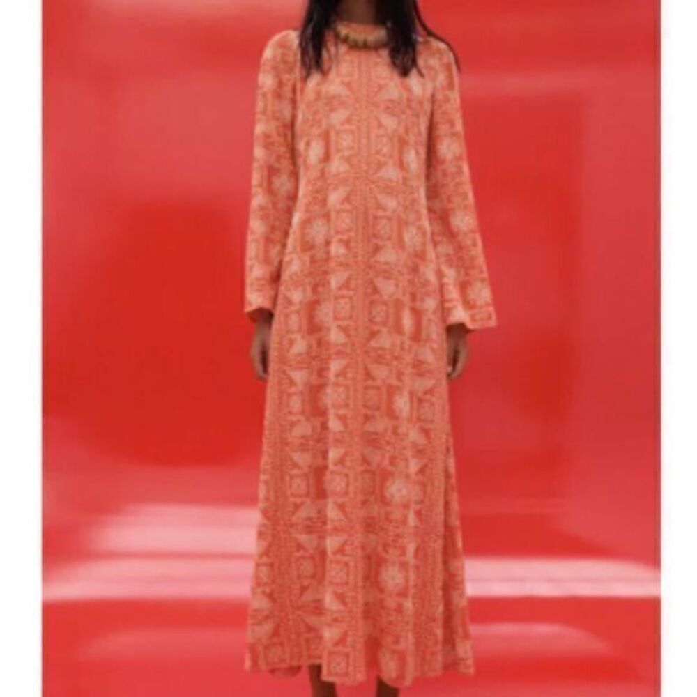ZARA Long embroidered Burnt Orange Long Dress SM